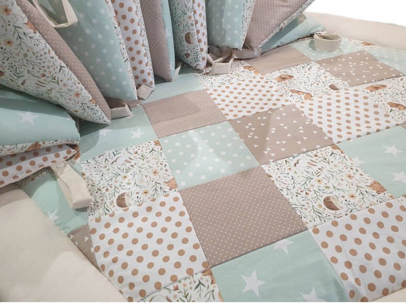 Atelier MiaMia Kuschel - adventure blanket playpen 6 corner Drün blue leaves moon dots 6